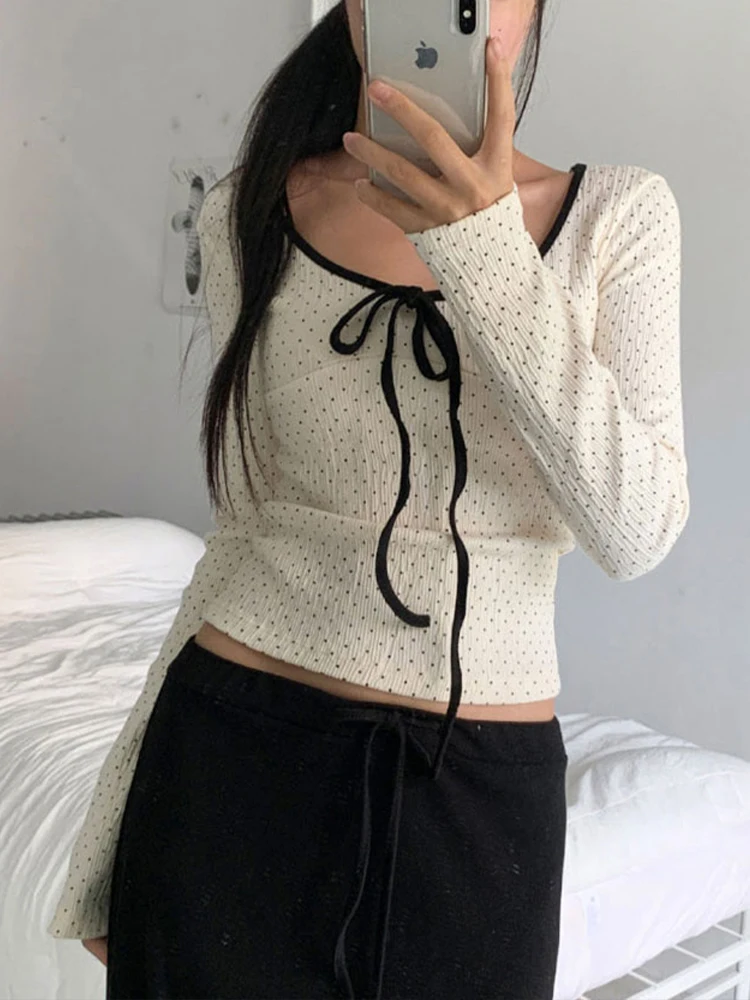 Nice Women T-shirt Autumn Fashion New Streetwear Bandage Long Sleeves Polka Dot Print O-Neck Tees Lady Versatile Casual Slim T-s