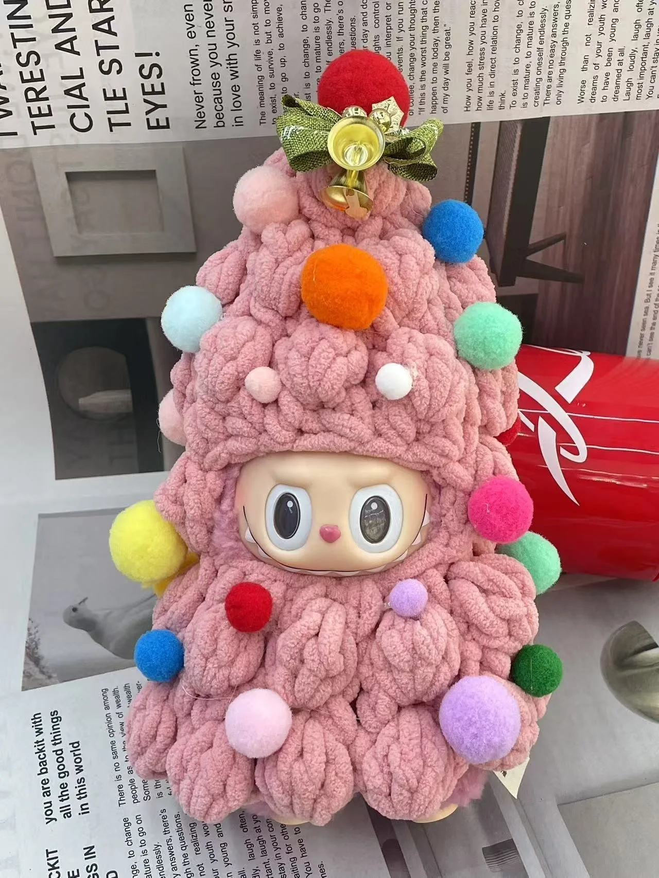 Handmade Crochet Labubu Doll Christmas Tree Outfit Pink and Green Colors Knitted Clothes for 17cm Vinyl Figure Holiday Decor