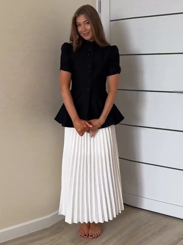 Elegant Short Sleeve Waist Single Breasted Top Pleated Midi Skirts Fashion A Line Skirt Set for Women 2026 Spring Female Outfits