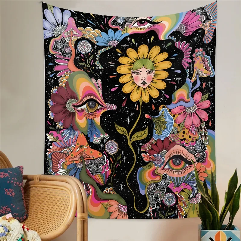 Tapestries Ins Psychedelic Flower Tapestry Home Bedside Decoration Cloth Bedroom Background Hanging Moon Garden 230422