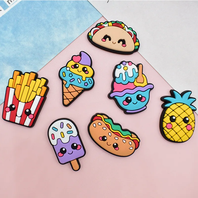 1/37Pcs Cute Cartoon Food Snack PVC Shoe Charms Milk Tea Burger Sushi Decor For Slides Sandals Clog Shoes DIY Accessories Food