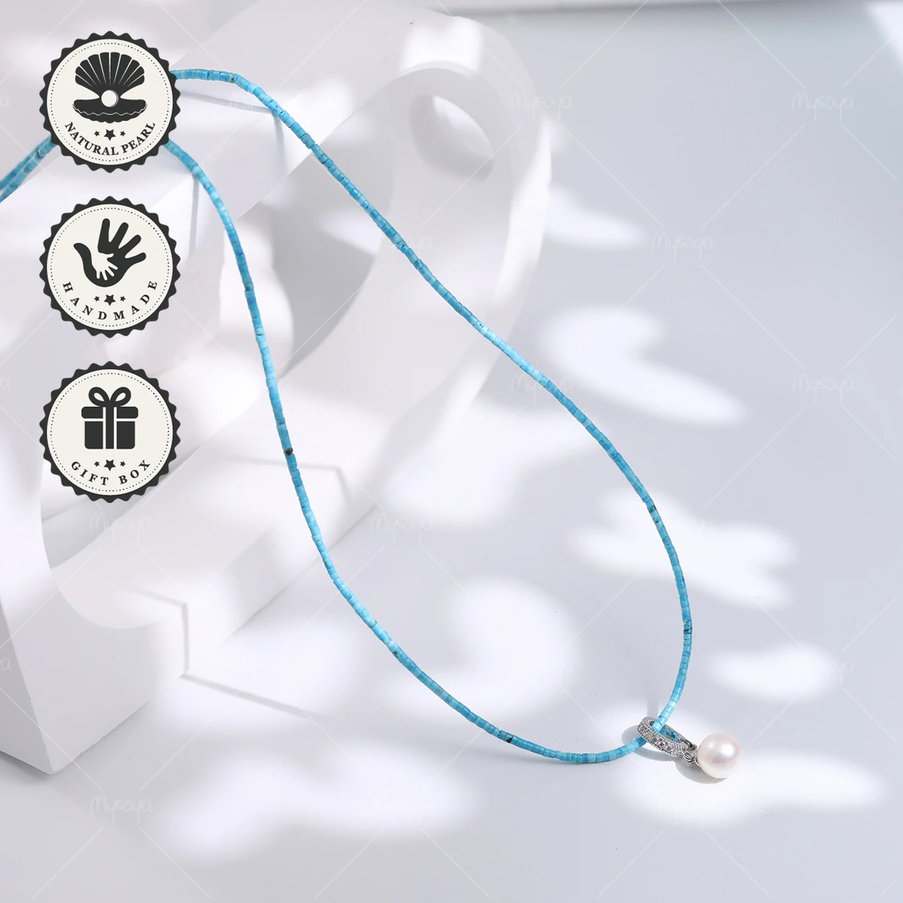 

Mysoya Turquoise Necklace 8–8.5mm Japanese Akoya Pearl Pendant With Gift Box Valentine’s Day Birthday Gift For Her