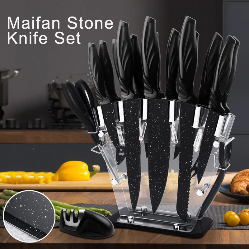 XITUO Kitchen Knife Set 17 pcs German High Carbon Stainless Steel Chef With Serrated Steak Scissors Peeler Cheese Pizza Holder