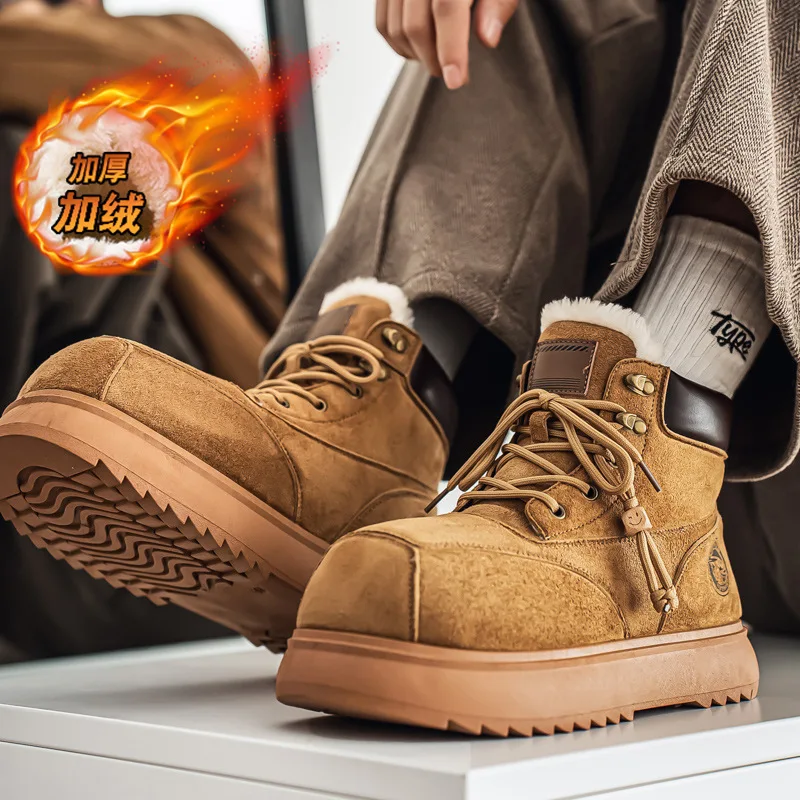 2025 남성용 하이탑 워크 부츠, 청키 플랫폼 라운드 토 겨울 아웃도어 하이킹 부츠, 키높이 캐주얼 컴뱃 부츠