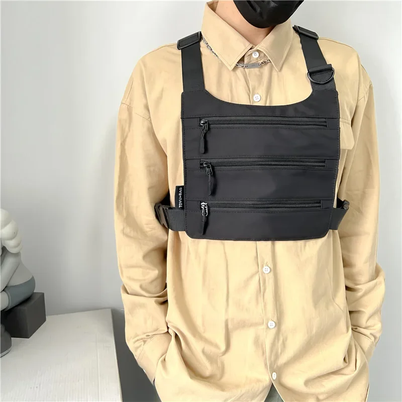 Unisex Three Layers Design Tactical Chest Bag Black Multi-function Fishing Streetwear Chest Rig Pack Men Hip Hop Vest Backpack