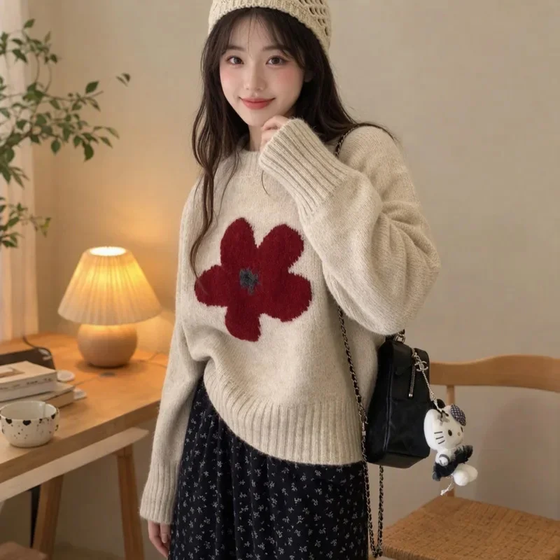 Women Floral Jacquard Knit Sweater Crew Neck Pullover Korean Loose Long Sleeve Autumn Winter Jumper Length