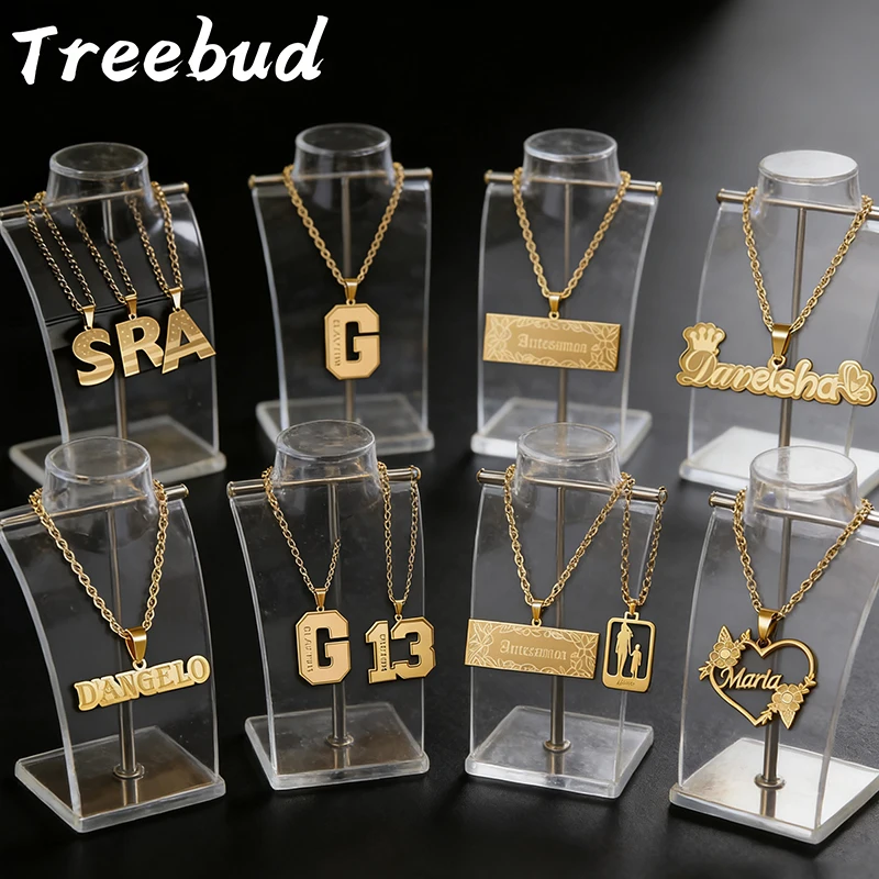 

Treebud Custom Name Necklace Rectangle Stainless Steel Personalized Sports Engraving Letter Pendant Jewelry Gift for Men Women