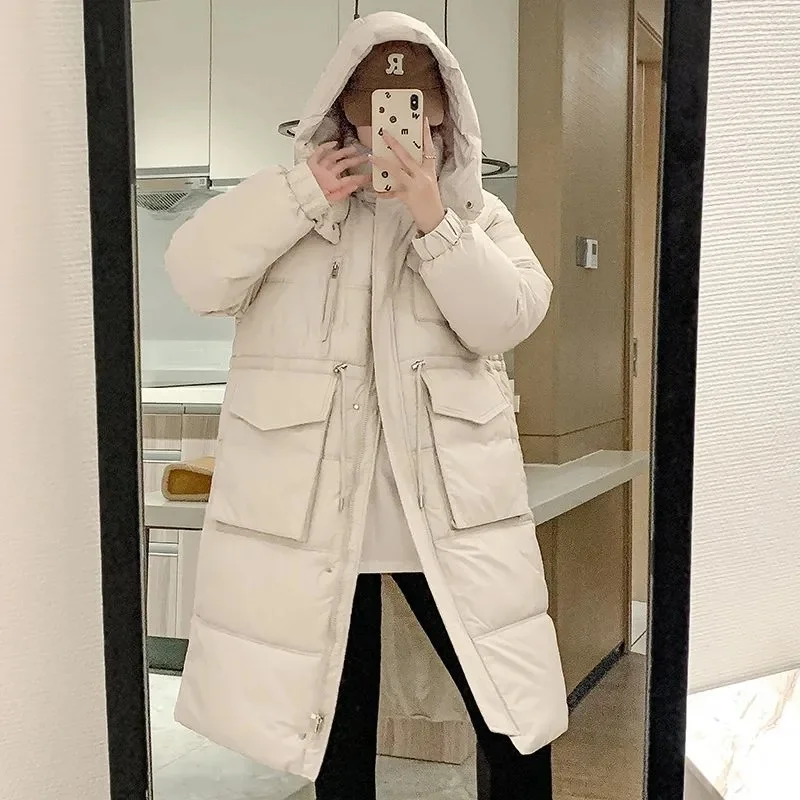 

Winter Long Down Cotton Jacket For Women Zipper Hooded Parkas Coat Loose Padded Thicken Warm Snow Wear Jackets JJ534