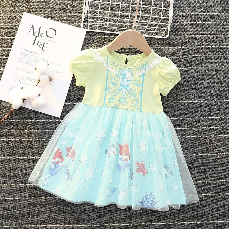 New Summer Baby Girl Dress Mesh Bubble Sleeves Cinderella Elsa Mermaid Belle Princess Dress  Halloween Dress Q15