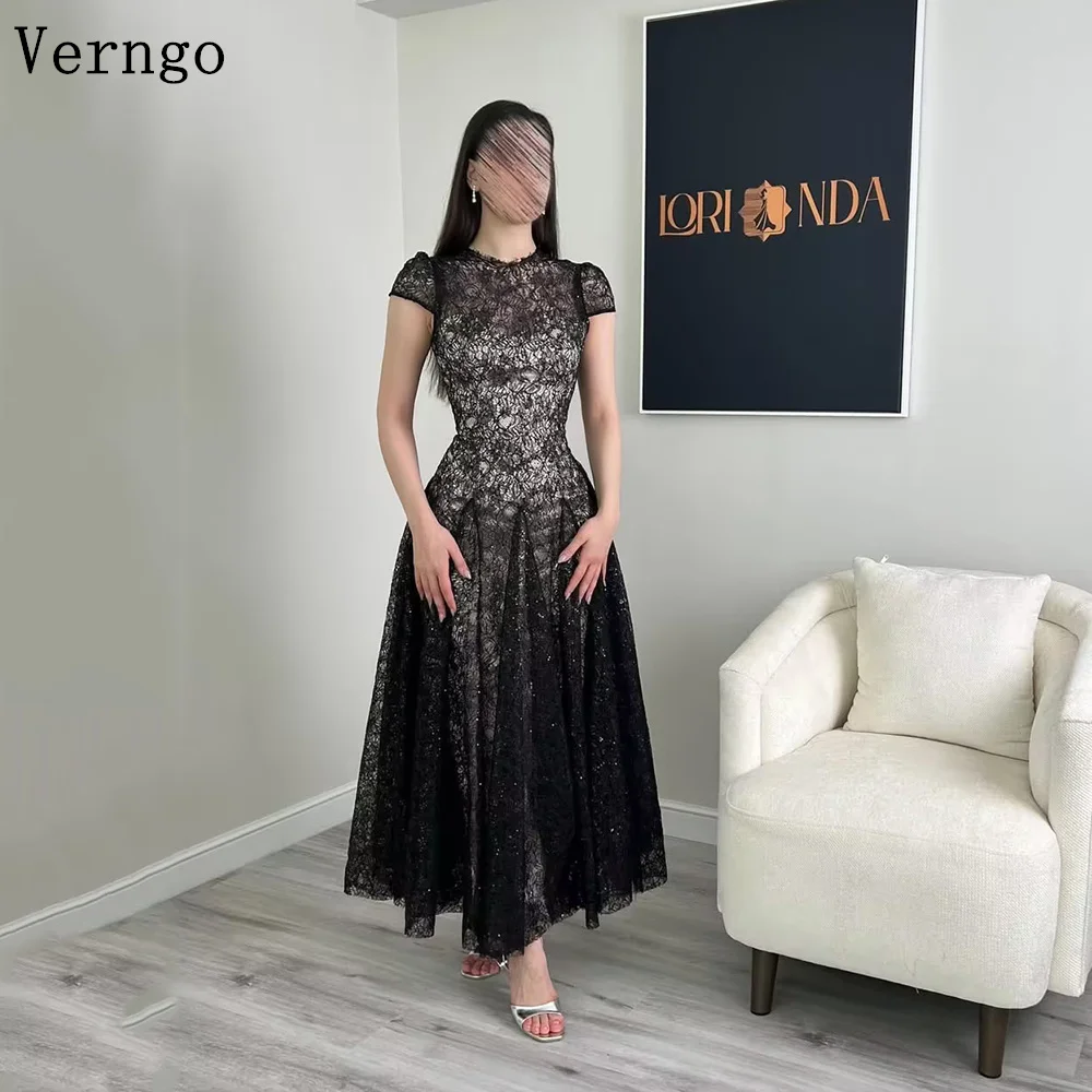 

Verngo Black Lace Evening Dress Shiny Sleeveless A Line Prom Party Gowns Elegant Formal Occasion Dresses Customized