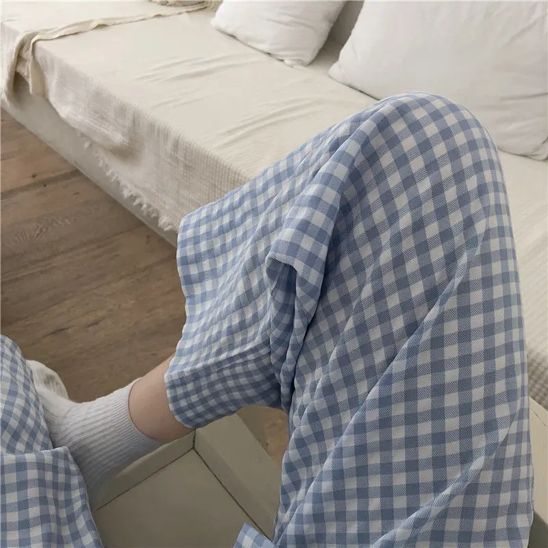 Plaid Sleepwear Women Pajama Sets Korean Piiama Autumn Pants Sets for Women 2 Pieces Button Night Wears Long Sleeve Home Suit