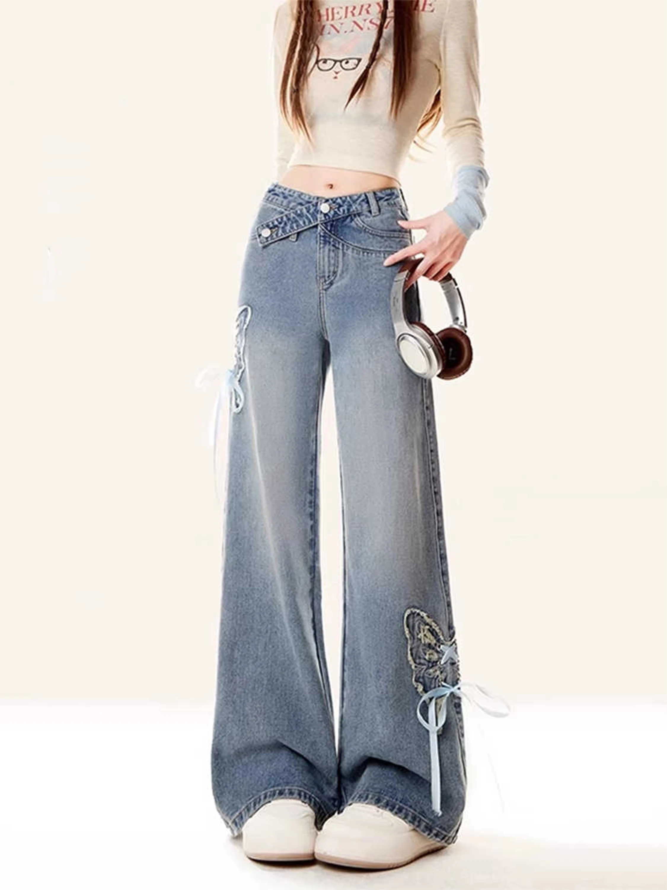 

Women's Y2k Bow Jeans Harajuku Japanese 2000s Style Oversize Bandage Denim Trousers Vintage Baggy Jean Pants Trashy Clothes New