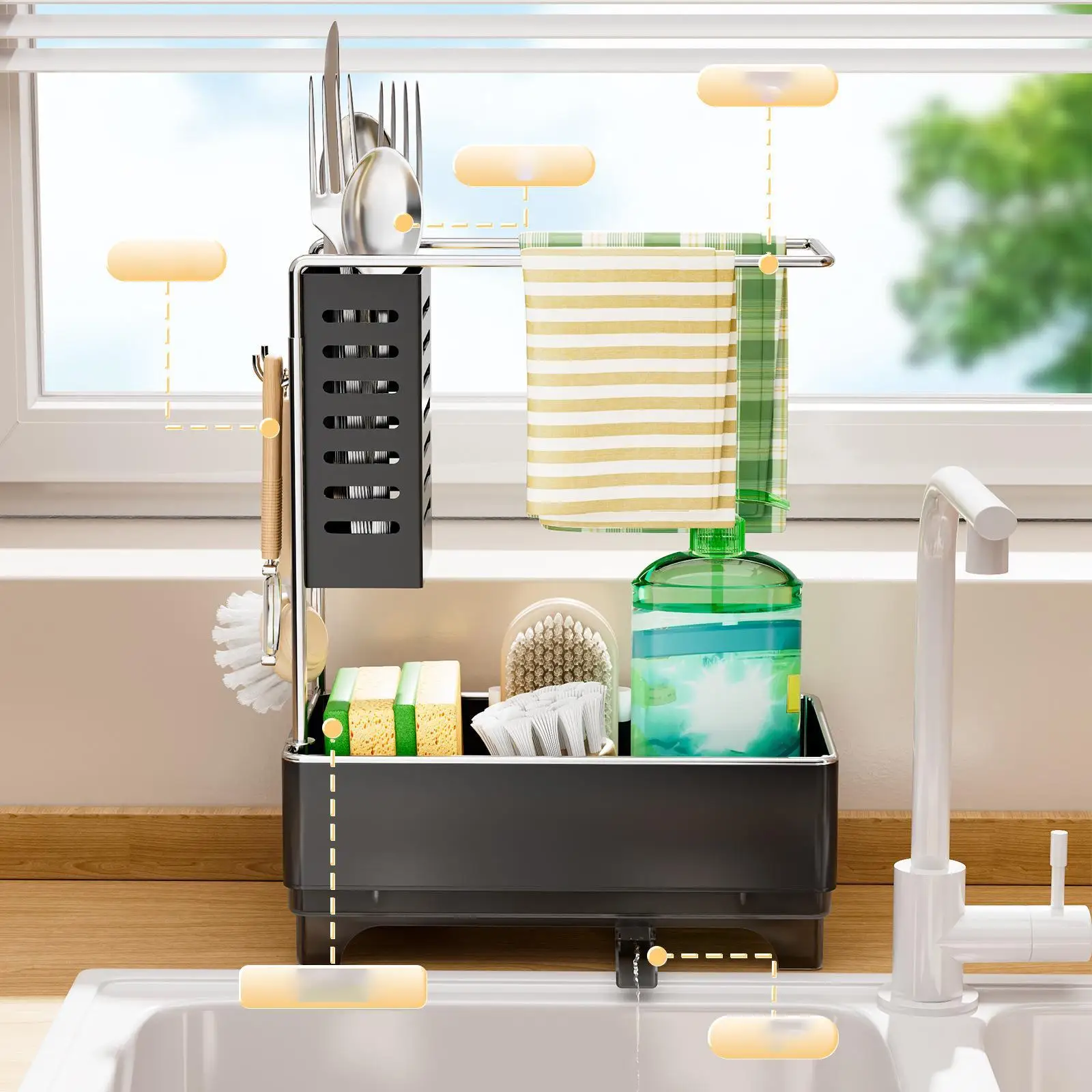 Kitchen Sink Organizer Storage Essentials Black Counter with Auto Drain Tray