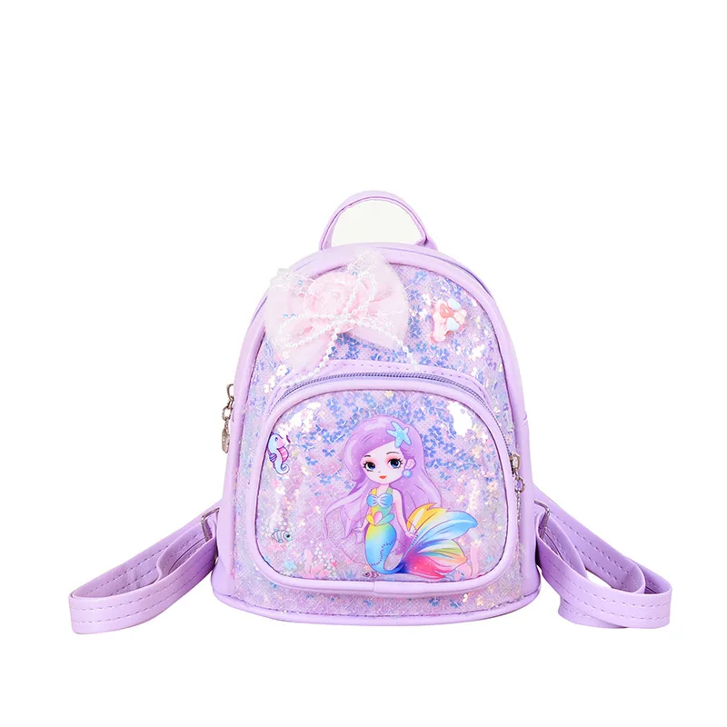 

Детский рюкзак Disney с русалкой и блестками из искусственной кожи, блестящий кружевной бант, украшение принцессы для девочек, школьная сумка для детского сада, сумка для закусок