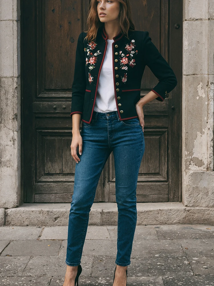 Bohemian Floral Printed Retro Jacket Casual Vintage Elegant Office Lady Fall Stand Collar Coat Long Sleeve Minimalist Outerwear