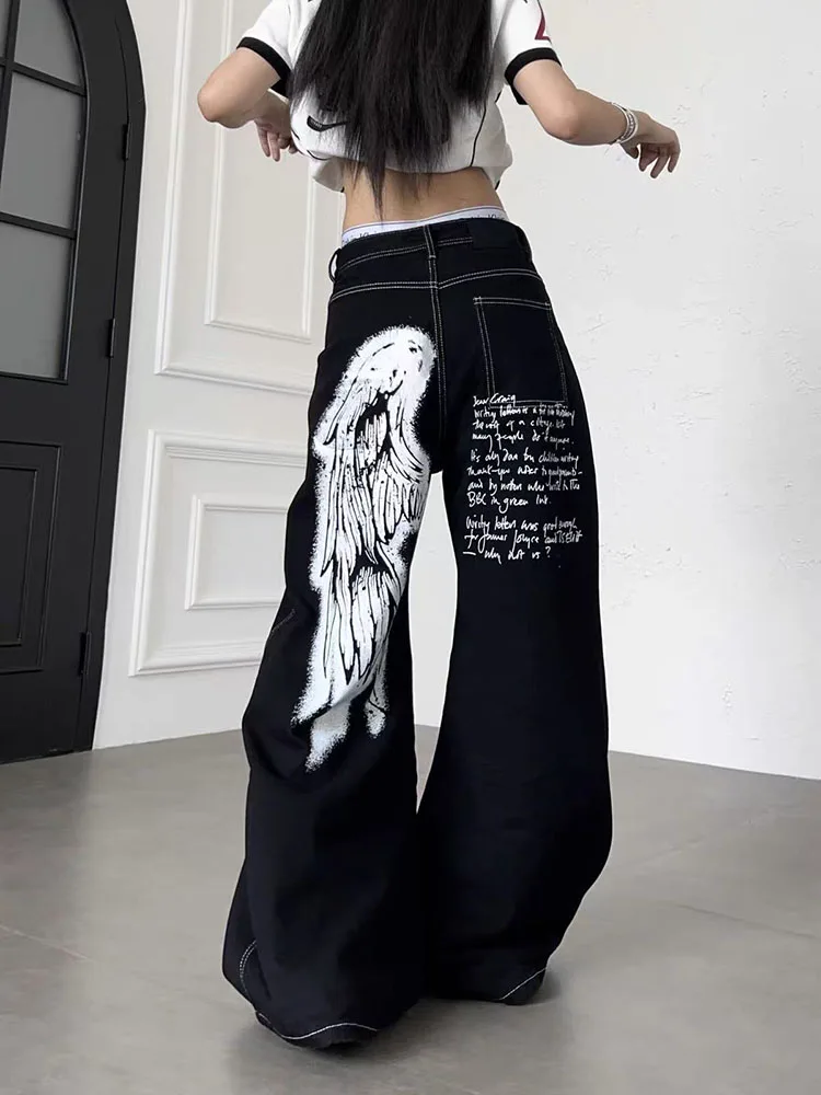 Gothic Graffiti Wide Leg Jeans Women Y2K American High Waist Street Scimitar Pants Bf Harajuku Hip Hop Straight Denim Trousers