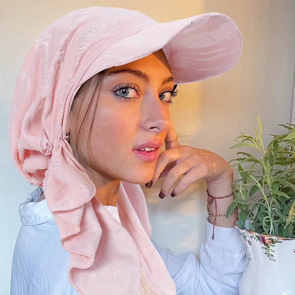 

Fashion Turban Shawl Design Turban Baseball Cap Breathable Soft Sun Hat Polyester with Pre-Tied Bandana Brim Hat Women