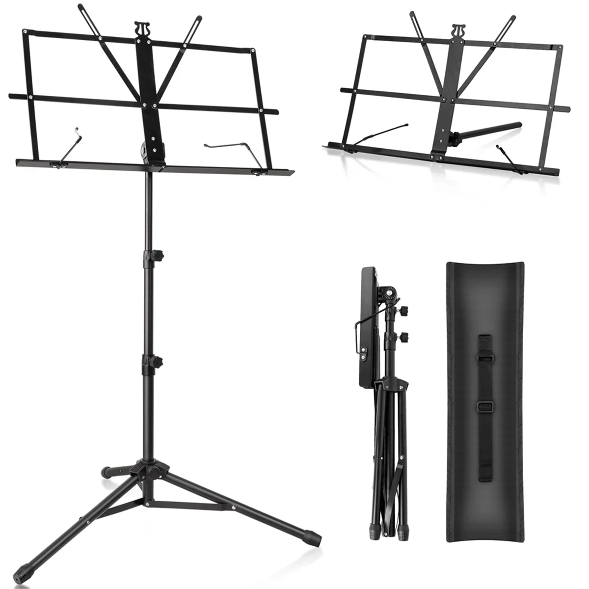 Metal Sheet Music Stand Portable, Adjustable Podium Stand with Tripod Base and Sheet Music Folder - Black