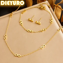DIEYURO 316L Stainless Steel Golden Infinite Necklace Bracelet Earrings Suit Women 2024 New Number Digit8 Non-fading jewelry Set