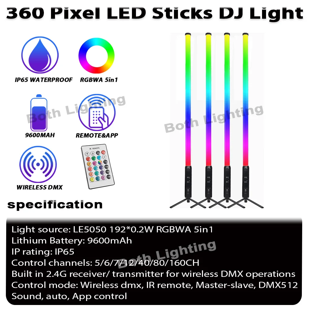 8pcs With Hard Case 360LED Tube Light Black Waterproof IP65 Pixel Light RGBWA Wireless DMX For Stage Wedding DJ Event Club Party