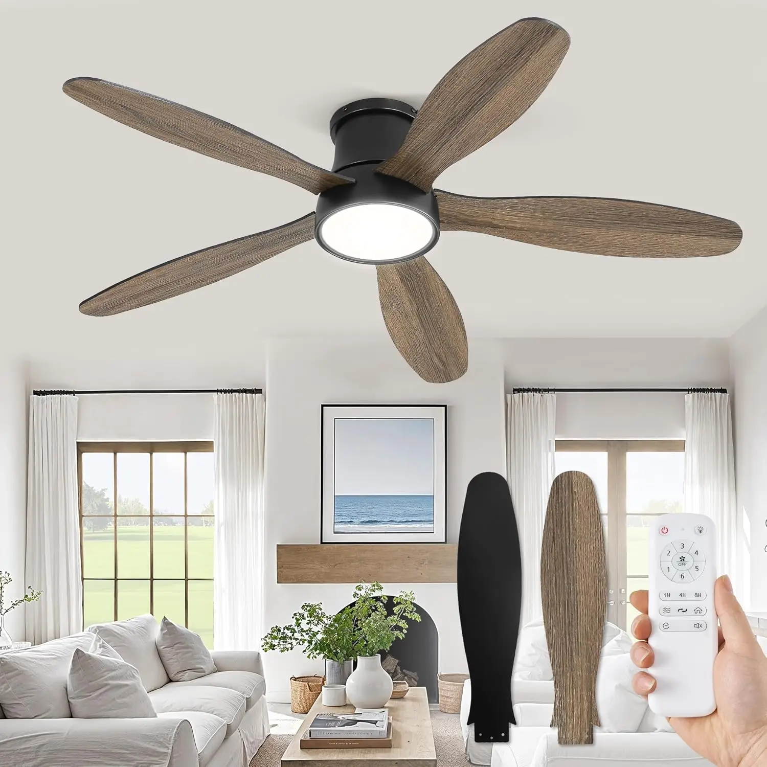 

52 Inch Ceiling Fans With Lights, Flush Mount Low Profile Ceiling Fan With Remote, Reversible, 3Cct, Noiseless, Led Ceiling Fan