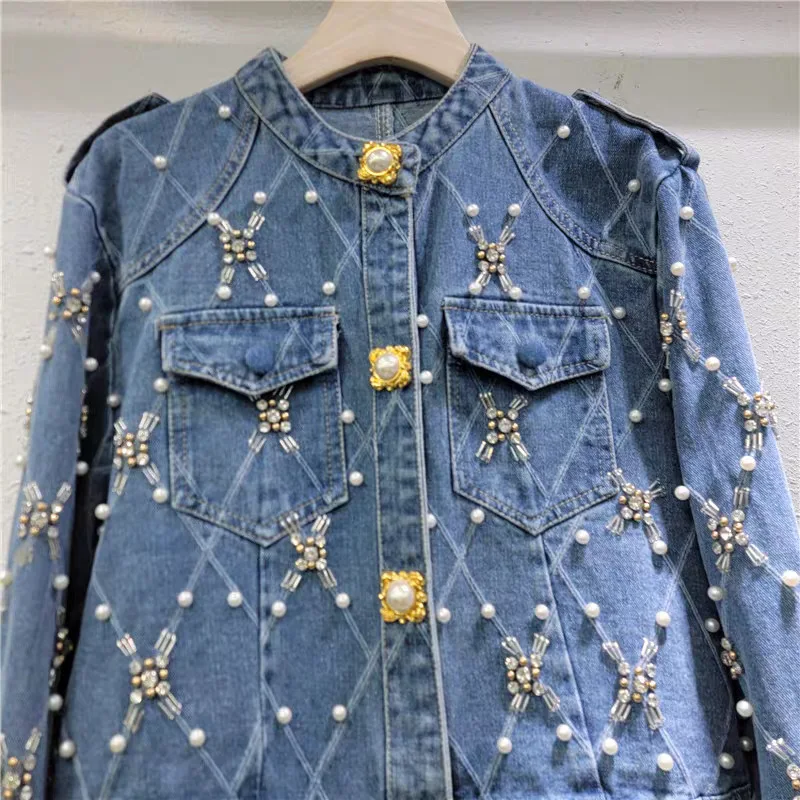 Fashion Diamond Pearl Denim Short Jackets Women's 2025 Spring and Autumn New Denim Coats Female Small Fragrant Chic Denim Jacket
