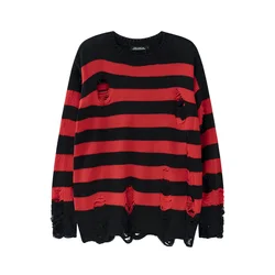 High Street-suéter de rayas rojas y negras para hombre, jersey de cuello redondo con borlas y agujeros rasgados, ropa informal, Retro, Punk, otoño