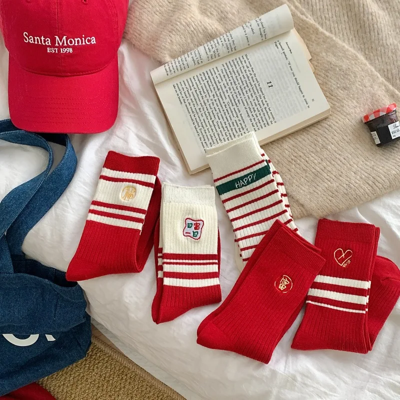 

Heye Embroidery Lucky Year Seven Stars Good Luck Auspicious Socks Red New Year Medium-length Women's Long-tube Socks