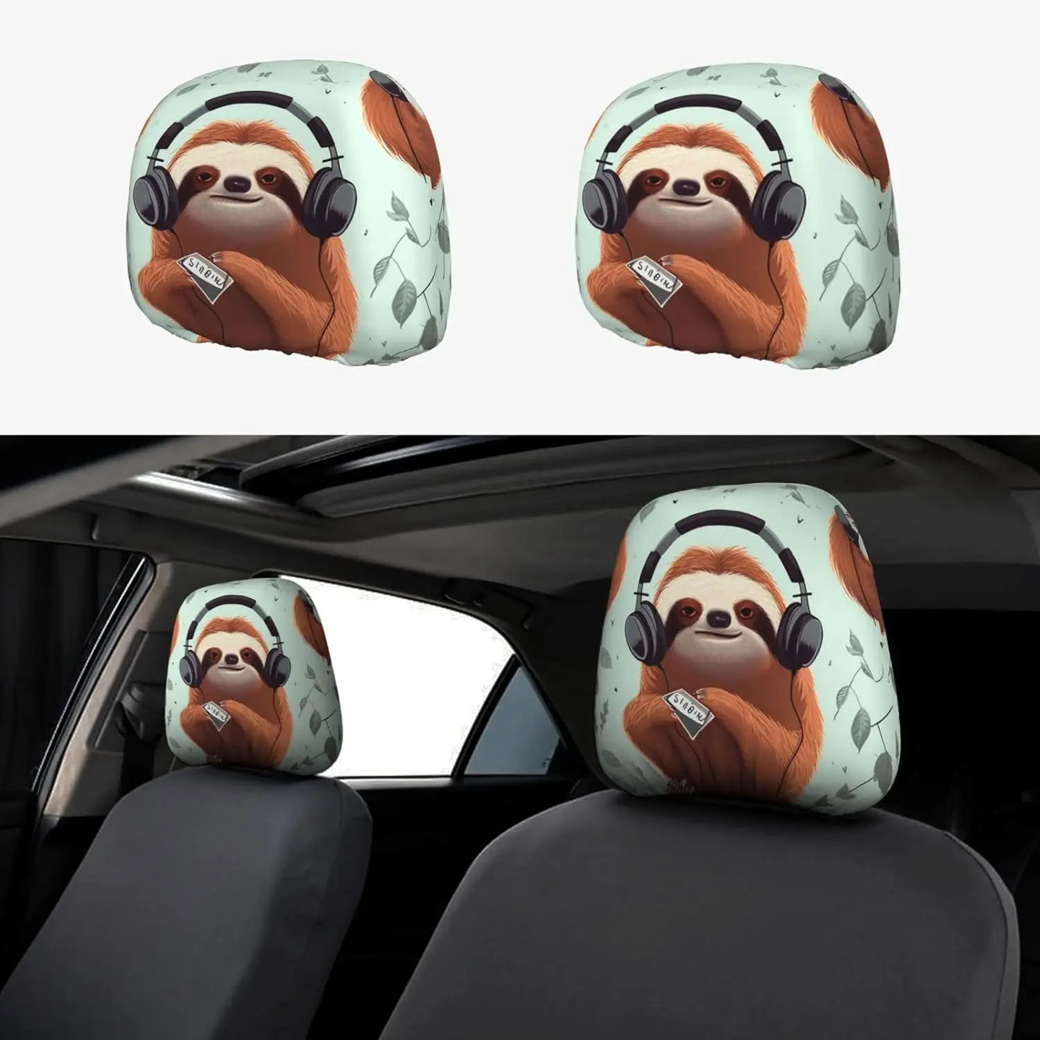 

2 Pcs Car Headrest Cover - Elastic Band Closure Funny Cute Animal Sloth Music Printing Headrest Covers