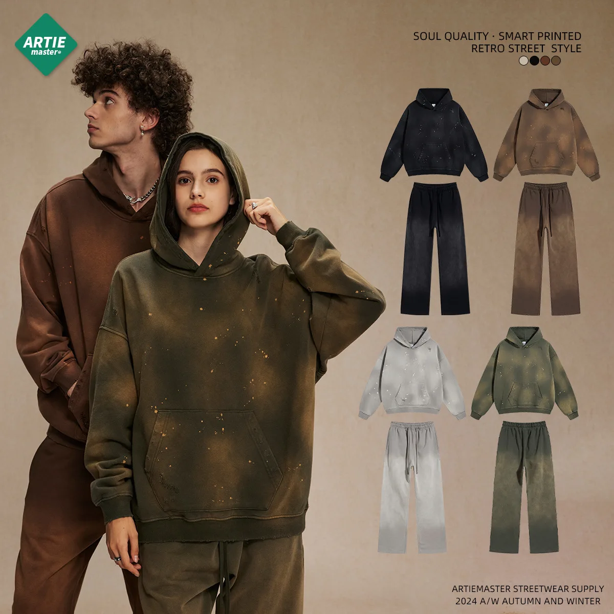 

2025 Fall Winter Oversized Vintage Fleece Set Unisex Distressed Streetwear Hoodie Joggers