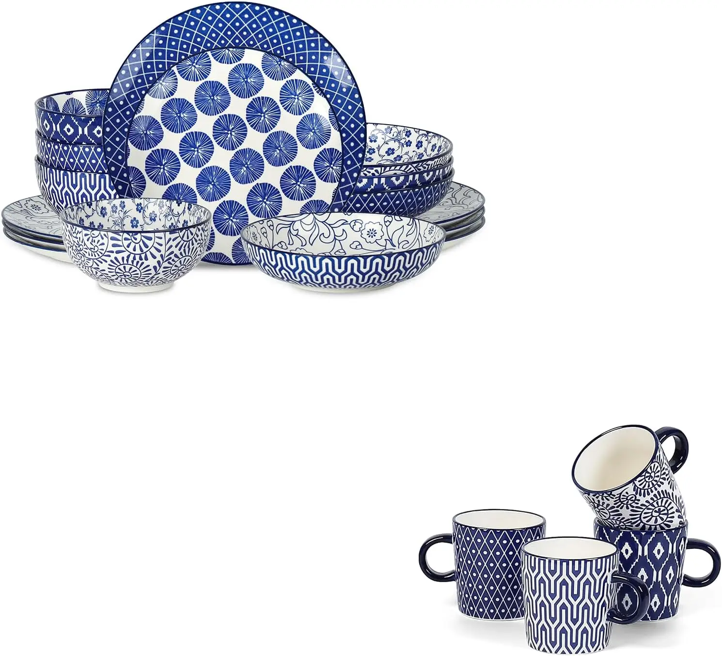 

Набор керамической посуды, 16 предметов + чашки для эспрессо на 5 унций, набор из 4 штук, винтажный синий цвет