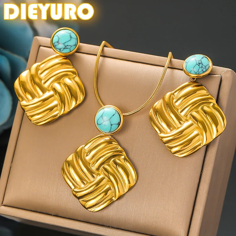 DIEYURO 316L Stainless Steel Round Turquoise Golden Woven Textured Square Pendant Necklace Earrings Set New Non-fading Jewelry