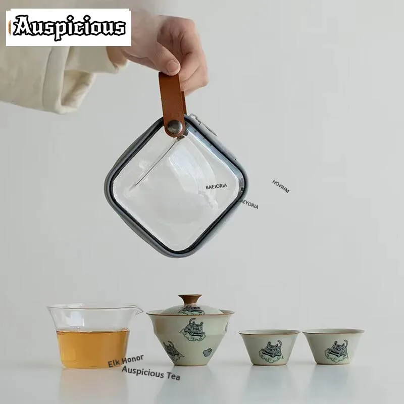 Boutique Greater Tiger Power Ceramic Portable Tea Set Outdoor Glass Tea Making Cup 1 Pot 2 Cups Honey Glaze Travel Tea Set Gift