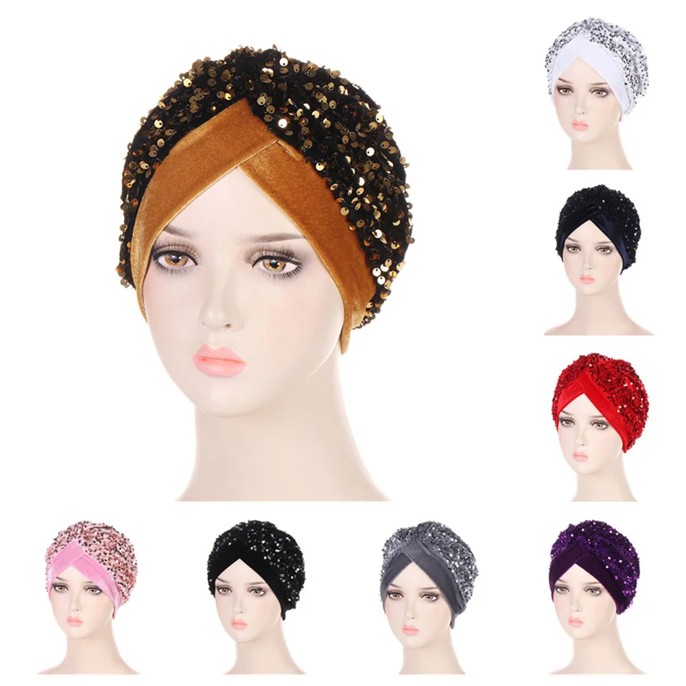 Glitter Sequins Velvet Women's Turban Caps Muslim Fashion Head Wraps Indian Hat Islamic Headwear Chemo Cap Lady Hair Accessories