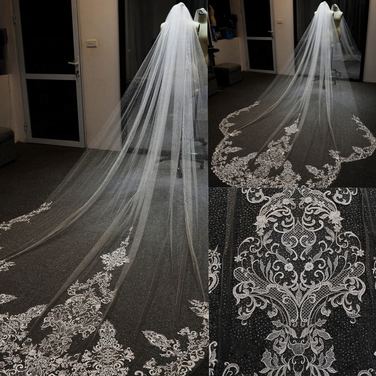 

Sparkly Bridal Veils One Layer Long Cathedral Length Veils Lace Appliques Wedding Veils Marriage Accessories Custom Made