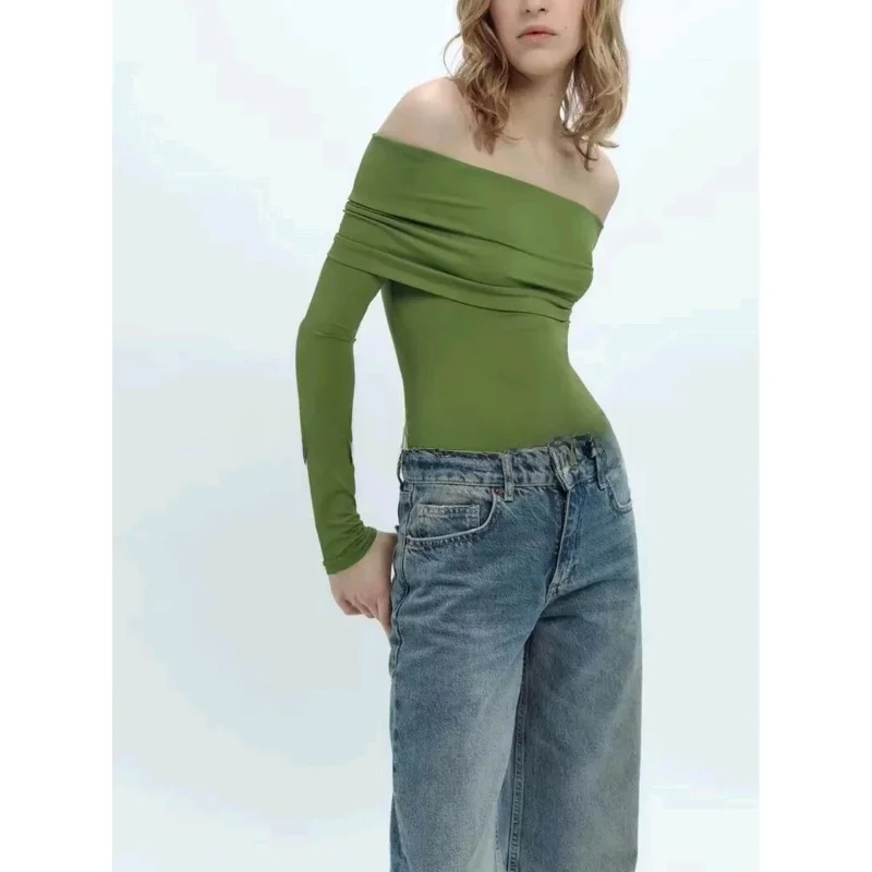 

Autumn Women's Casual Nylon Blend One-oulder Long Sve Rer High Waist Straight Leg Commute Sle Long Pants