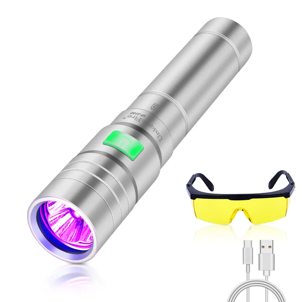 UniqueFire UV395NM Black Light 3 LEDs USB-C Rechargeable Flashlight Ultraviolet with Filter-Detector for Pet Urine,Resin Curing