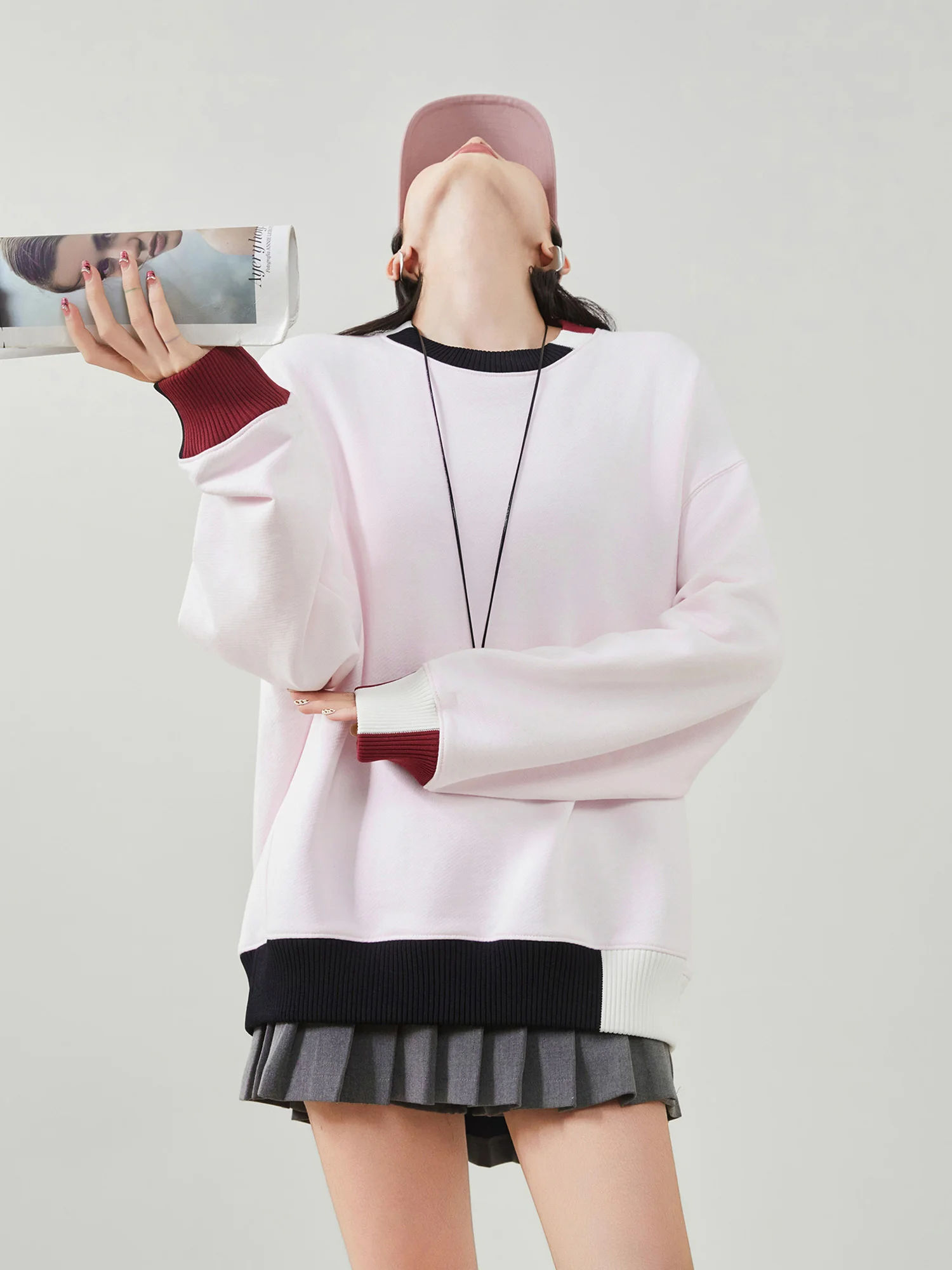 

Розовая толстовка с длинными рукавами и круглым вырезом, женская, свободного кроя, повседневная, универсальная, из полиэфирного волокна, премиум-класса.