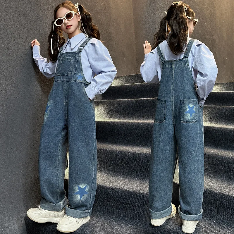 Fashion Kids Jeans Overalls for Baby Girls Blue Denim Jumpsuit Suspender Pants with Straps Children Age 5 6 7 8 9 10 11 12 13 14