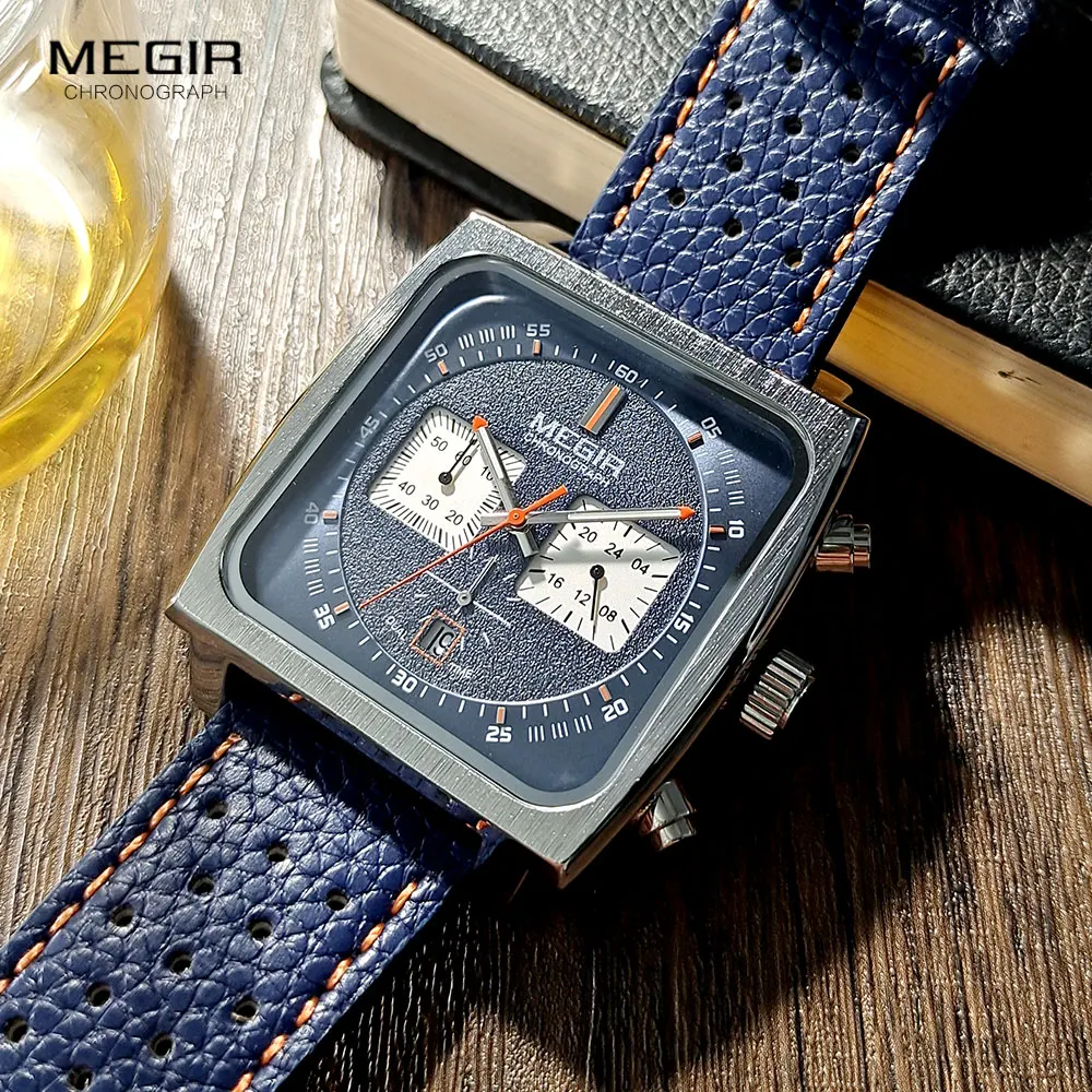 MEGIR Blue Square Dial Watch for Men Casual Sport Leather Strap Chronograph Quartz Wristwatch with Date 24-hour 3atm Waterproof