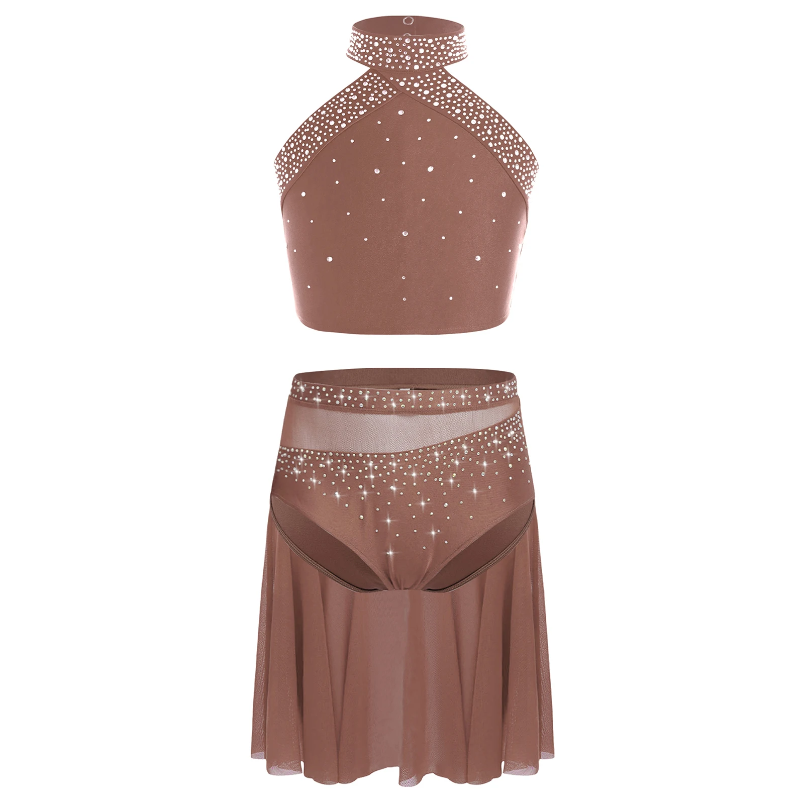 

Kids Girls Figure Skating Dance Outfit Sheer Mesh Glittery Rhinestones Crop Tops with Skirt for Ballet Stage Dance Performance