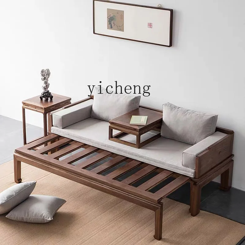 

ZZ new Chinese-style solid wood black walnut push-pull bed small apartment living room simple telescopic dual-purpose sofa bed