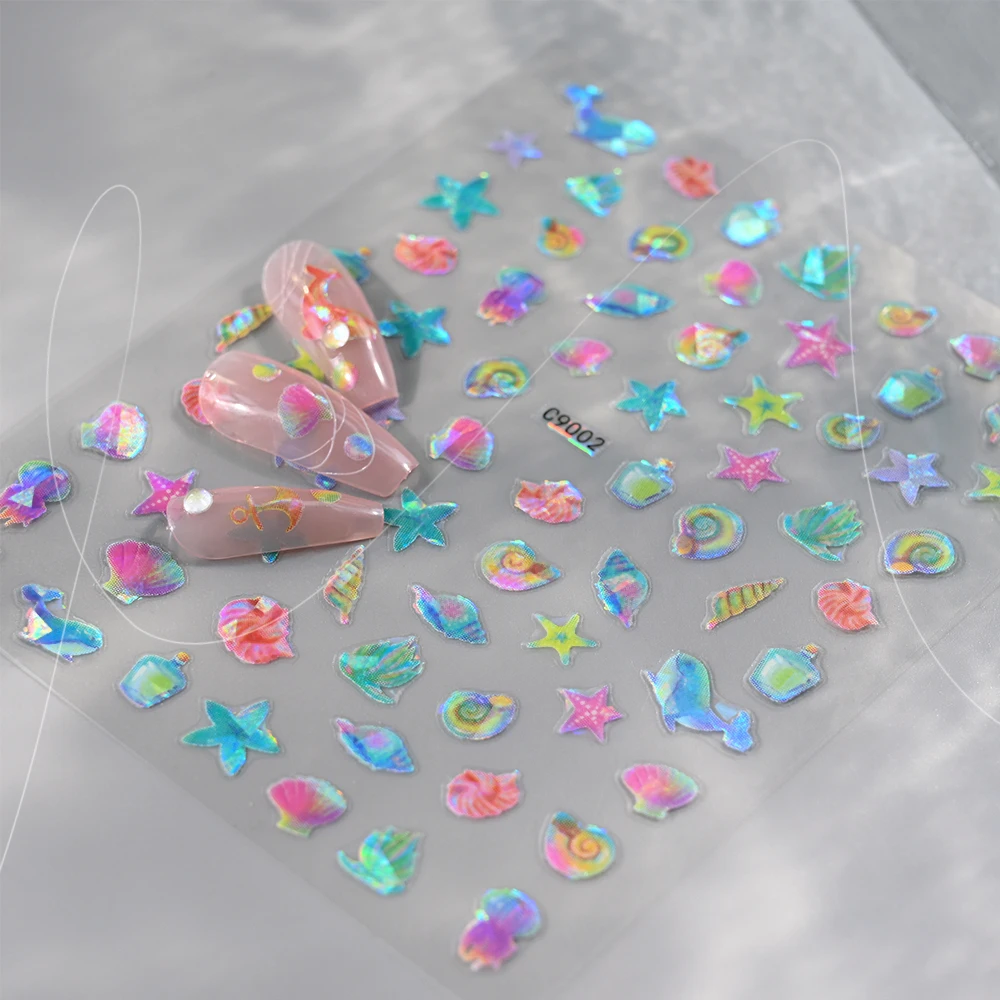 1pcs ฤดูร้อน Ocean Theme holographic เลเซอร์สติกเกอร์เล็บปลาดาว Dolphin Blue Whale Self กาวสติ๊กเกอร์ตกแต่งเล็บ