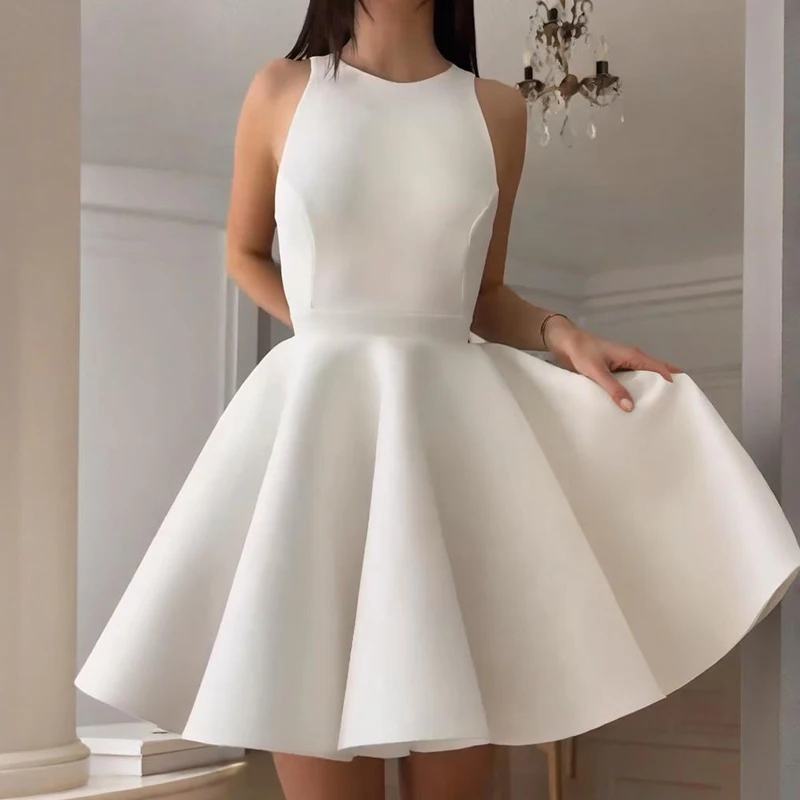 

Sexy Backless Slim Hollow Party Dress Elegant O-neck Sleeveless A-Line Dress Women Fashion Hight Waist Pleated Solid Mini Dress
