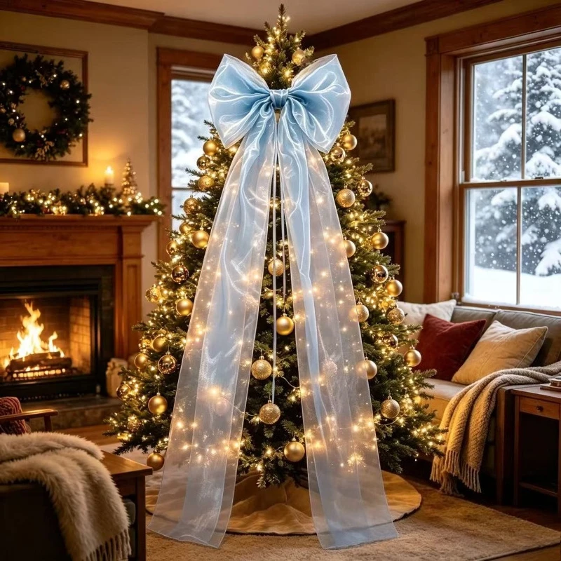 Christmas Tree Topper Bow Set 100cm 150cm 190cm - Handmade Multi-Layer Organza Bows & Ribbons, Pink Blue Purple Dreamy Treetop S