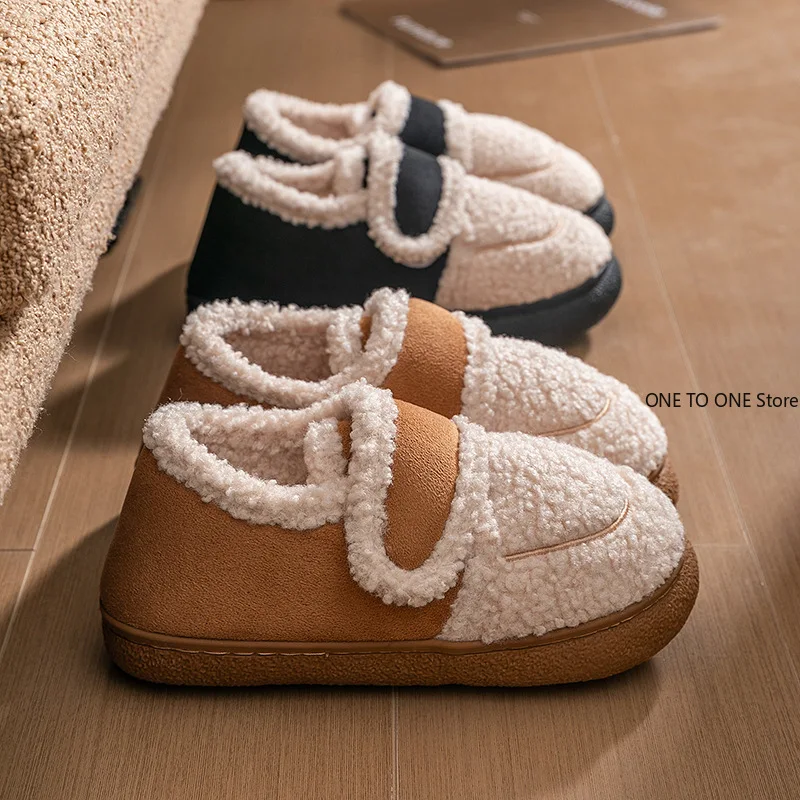 

Autumn Winter Women Boots Brown Flannel Plush Warm Home Cotton Shoes Outdoor Platform Snow Boots Soft Sole Household Slippers