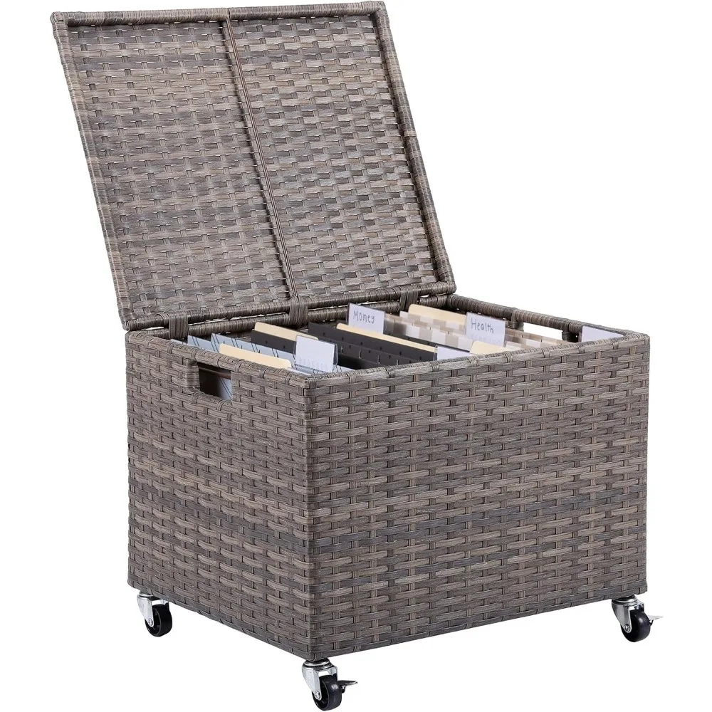 

Rolling File Box - Storage Cabinet with Wheels - Weatherproof Rattan-Style Resin Deck Chest for Garden, Home and Office