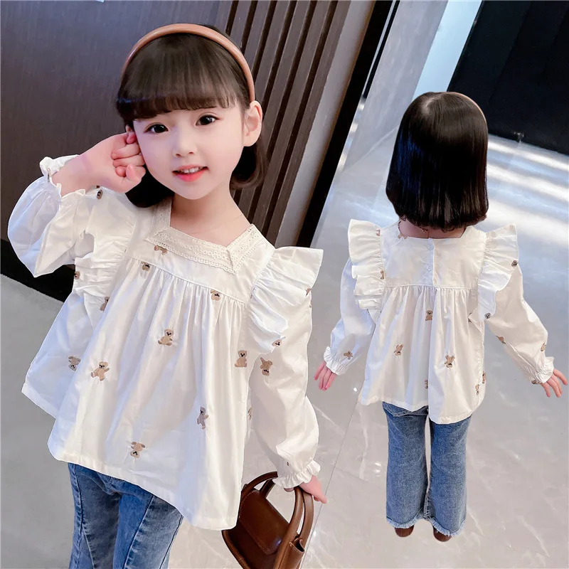 

Children's Long Sleeve Shirt New Autumn Baby Girl Doll Shirt Embroidered Long Sleeve Top3-8Years Old