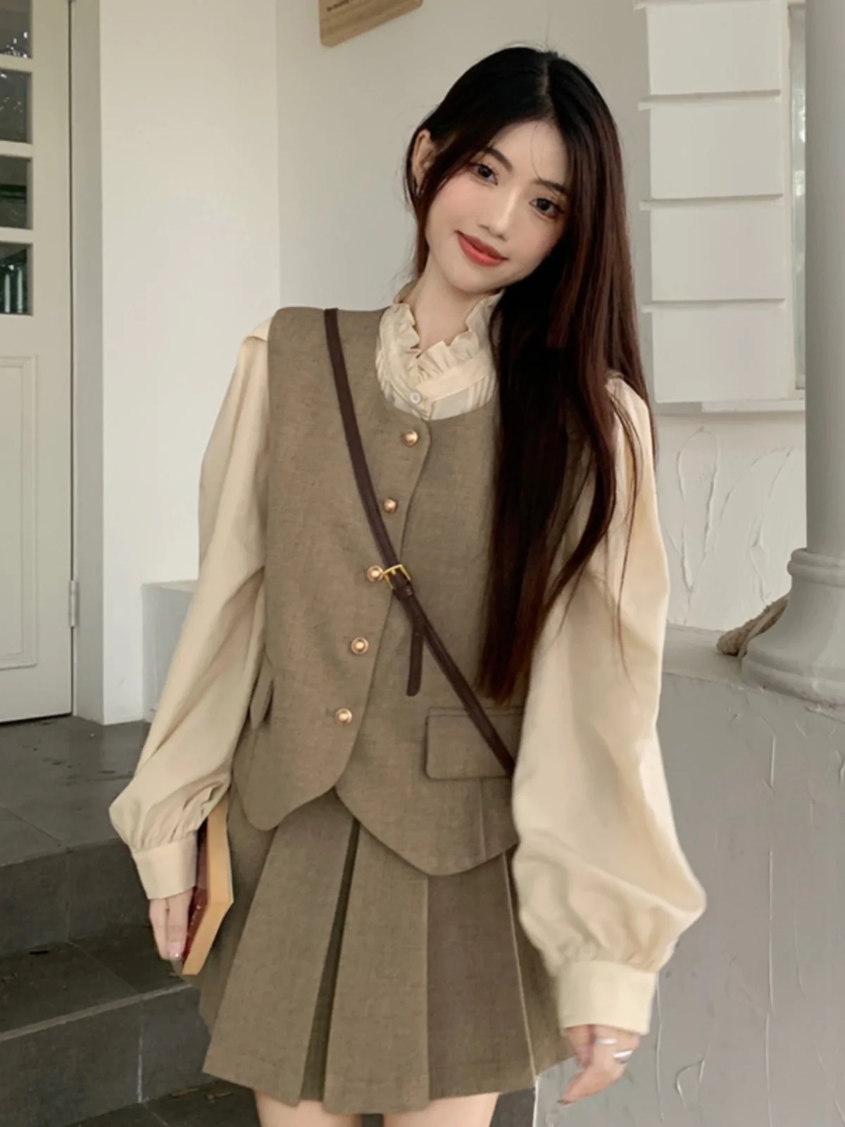 Women's Wood Grain Ruffle Shirt Vest Skirt Three-Piece Set Long Sleeve Fashion Ensemble Spring Autumn Pleated  Skirt