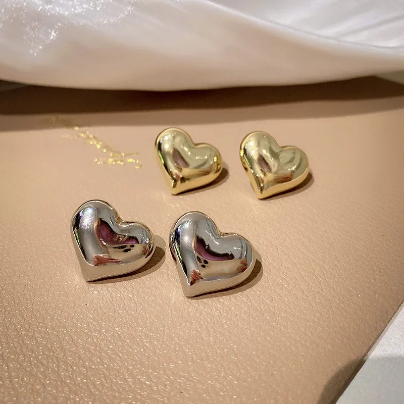 Cubic Gold Silver Color Heart Metal Stud Earrings for Women Simple Fashion Personality Temperament Versatile New in Ear Jewelry